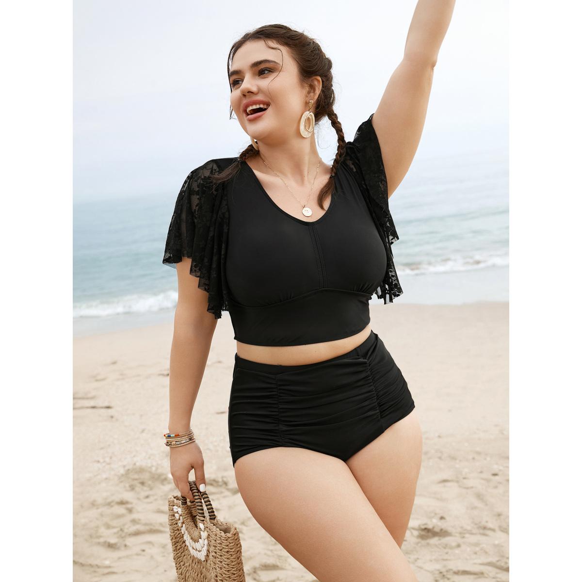 Plus Size U Neck Crochet Lace Mesh Swim Top Women's Swimwear Black Resort Texture High stretch Skinny U-neck Curve Swim Tops BloomChic 28/5X Product Image