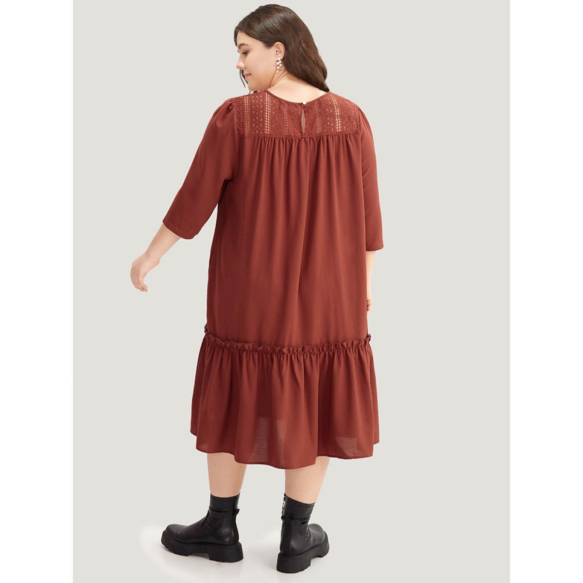 Plus Size Guipure Lace Frill Trim Cut Out Ruffle Hem Dress Russet Women Casual Gathered Round Neck Elbow-length sleeve Curvy Midi Dress BloomChic 28/5X Product Image