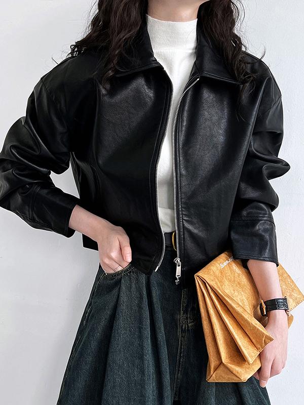 Long Sleeves Loose Solid Color Zipper Lapel Collar Jackets&Coats Outerwear Product Image