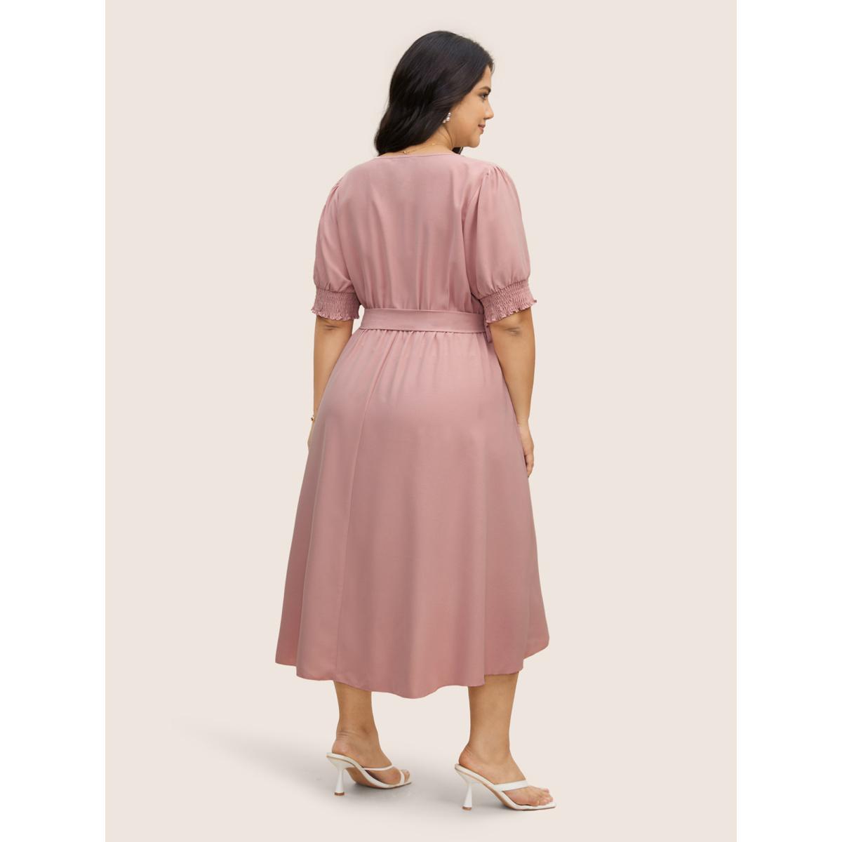 Plus Size Solid Overlap Collar Puff Sleeve Belted Dress Pink Women Elegant Shirred Overlap Collar Short sleeve Curvy BloomChic 18-20/2X Product Image