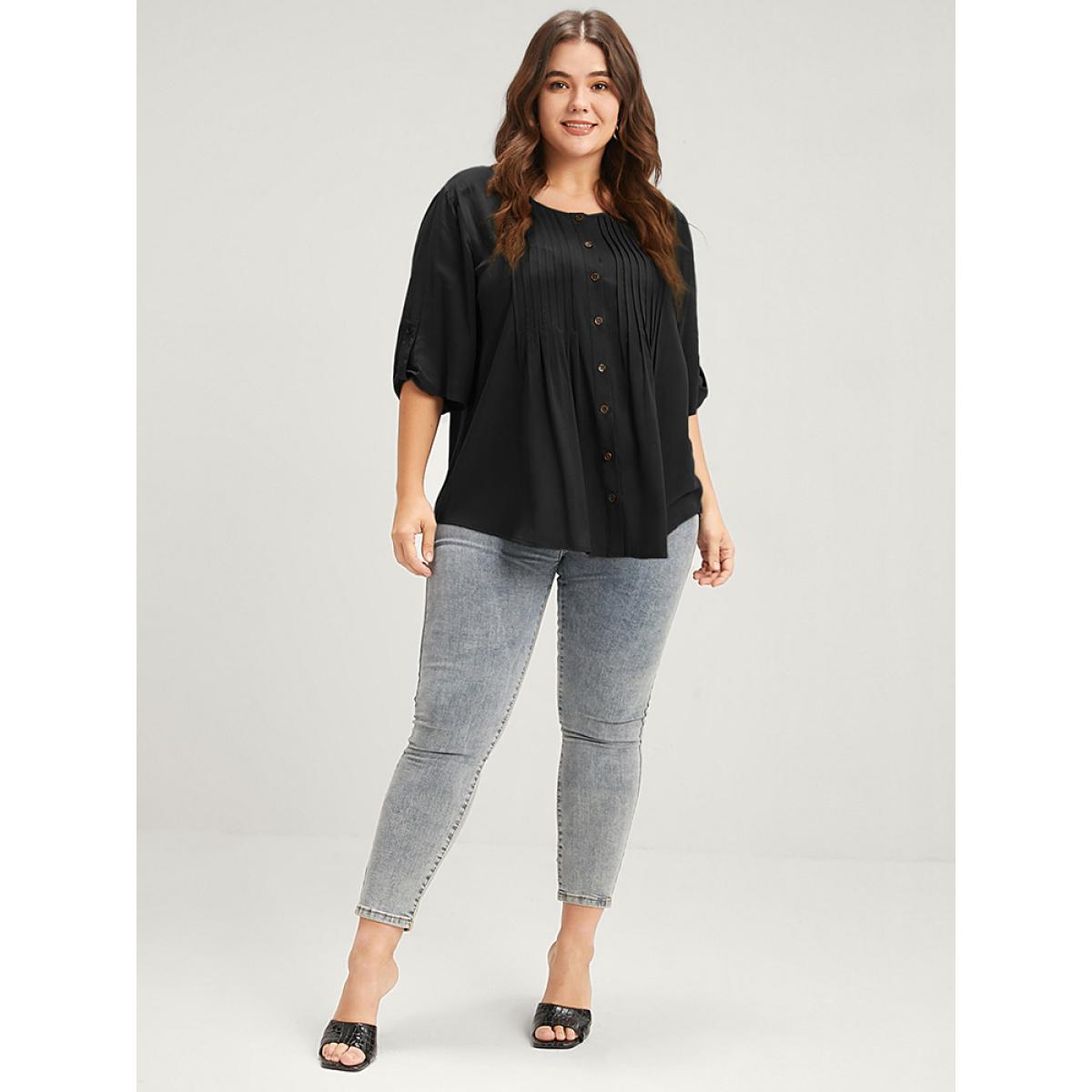 Plus Size Black Solid Button Pleated Round Neck Blouse Women Office Short sleeve Round Neck Office Blouses BloomChic 12/L Product Image