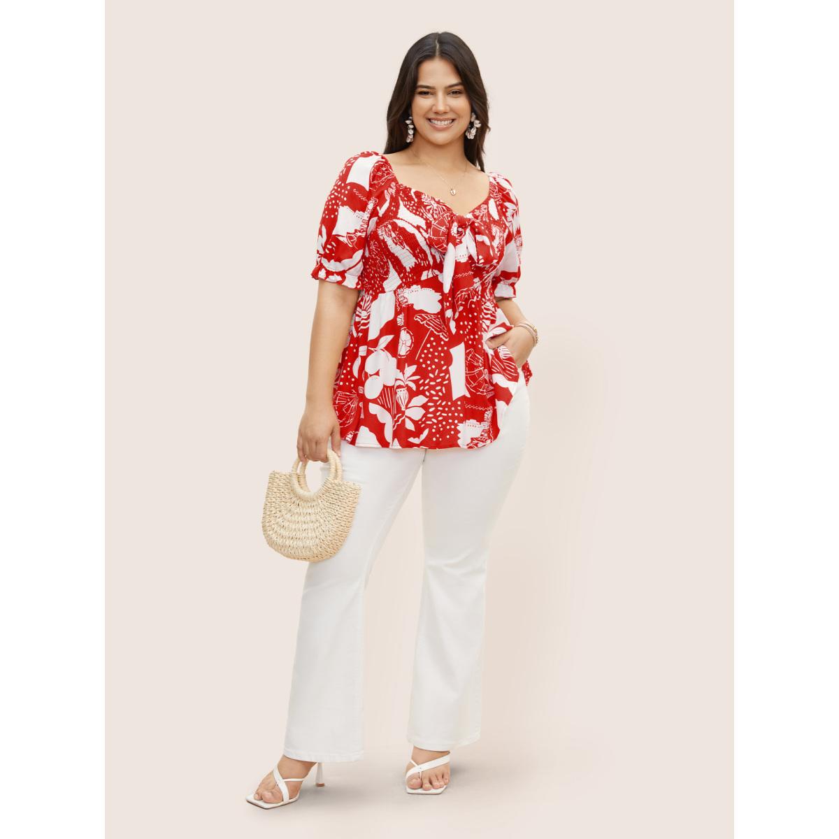 Plus Size Crimson Tropical Print Bowknot Shirred Lantern Sleeve Blouse Women Resort Short sleeve V-neck Vacation Blouses BloomChic 22-24/3X Product Image