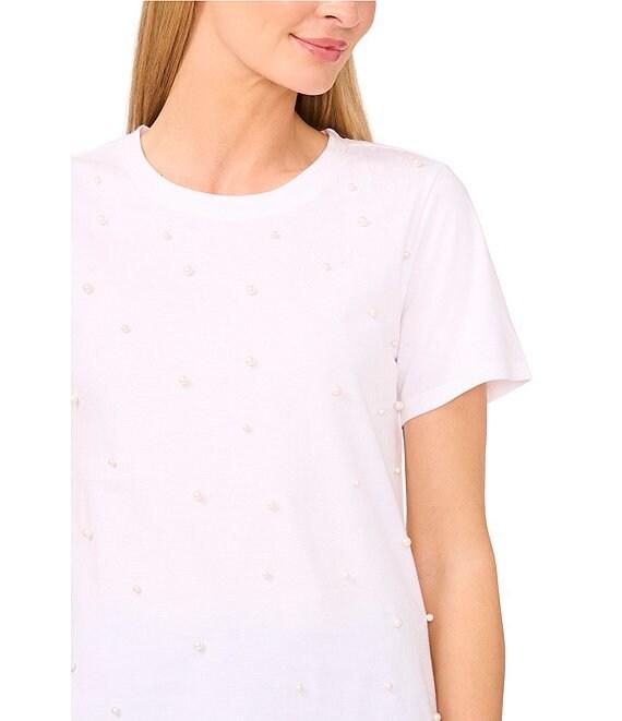 CeCe Knit Crew Neck Short Sleeve Pearl Tee Product Image