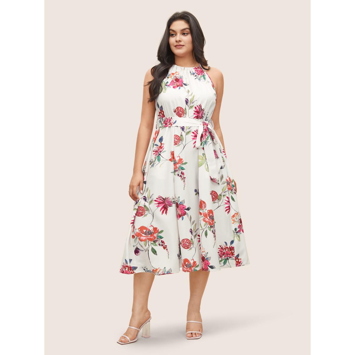 Plus Size Citrus Fruit Print Halter Belted Gathered Dress Originalwhite Women Elegant Non Halter neck Sleeveless Curvy Midi Dress BloomChic 12/L Product Image