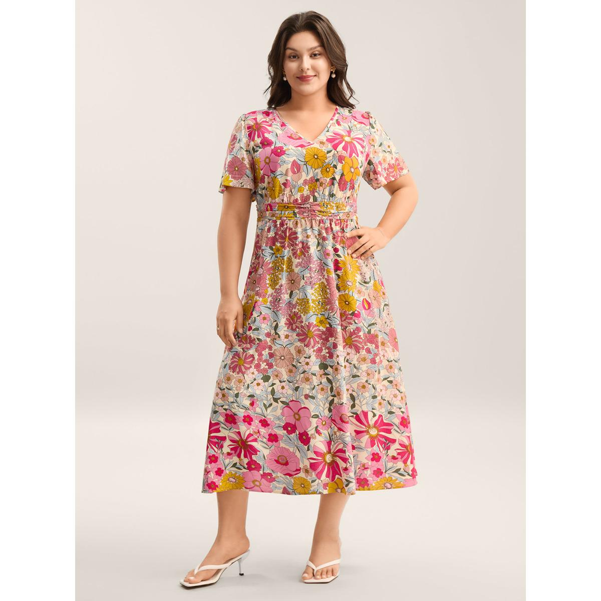 Plus Size Vibrant Floral Print Pleated Waist Midi Dress Blush Women V-neck Short sleeve Curvy BloomChic 26/4X Product Image