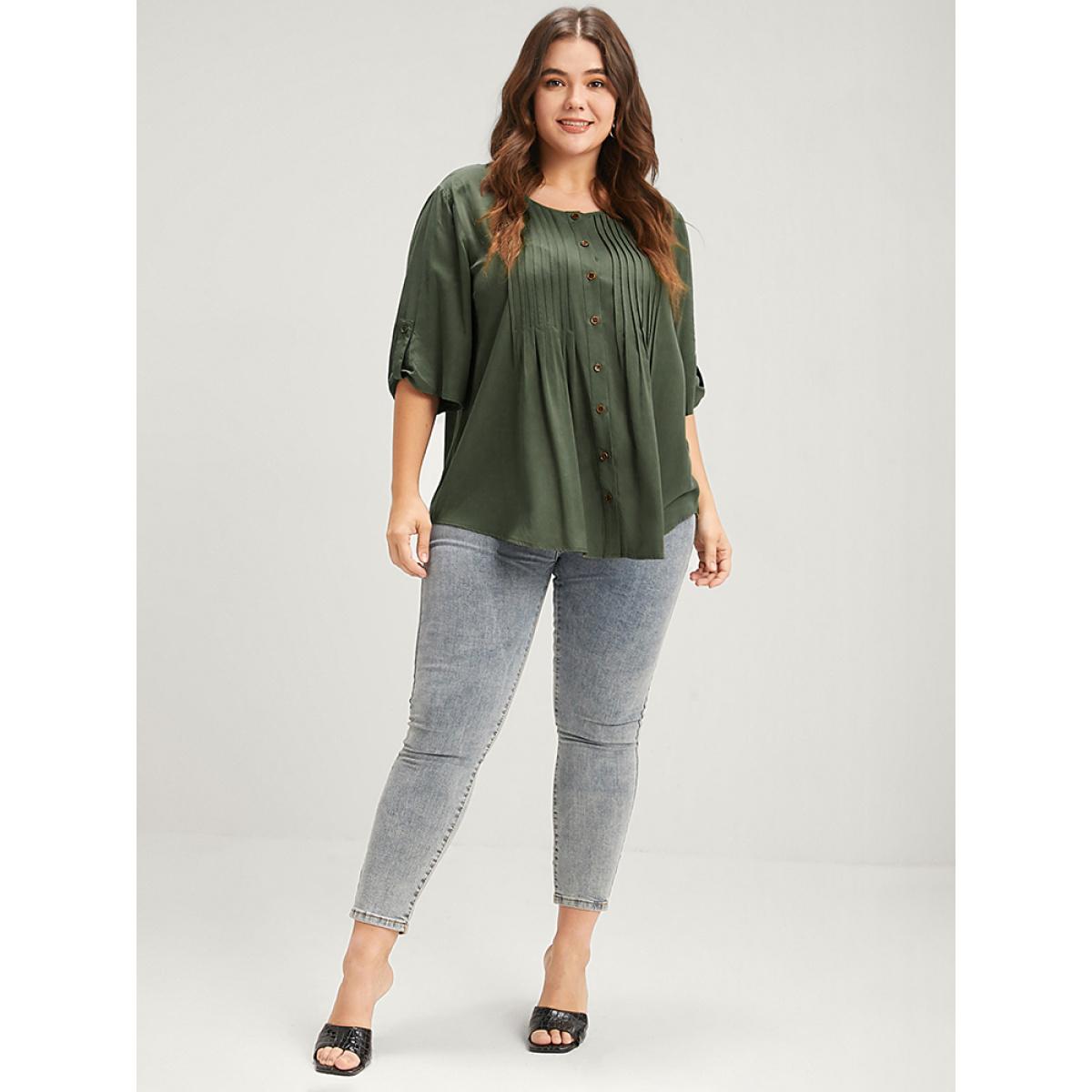 Plus Size ArmyGreen Solid Button Pleated Round Neck Blouse Women Office Short sleeve Round Neck Work Blouses BloomChic 14-16/1X Product Image