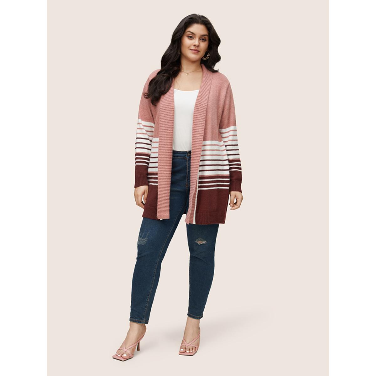 Plus Size Striped Colorblock Contrast Lapel Collar Cardigan Watermelon Women Casual Loose Long Sleeve Dailywear Cardigans BloomChic 12/L Product Image