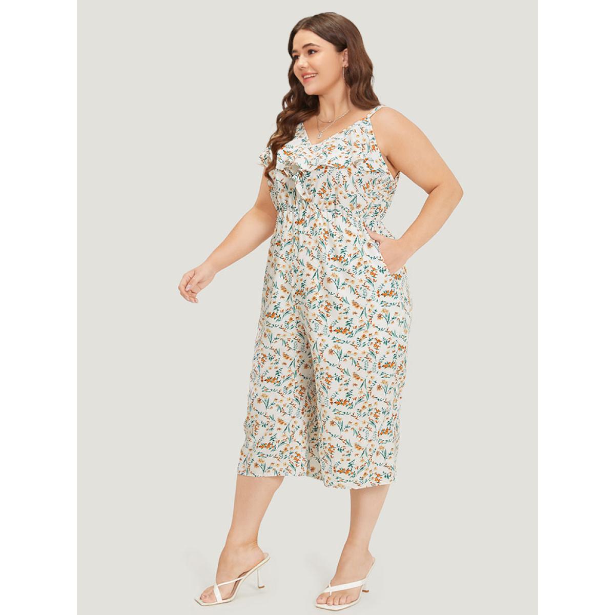 Plus Size White Ditsy Floral Ruffle Trim Pocket Wrap Cami Jumpsuit Women Elegant Sleeveless Spaghetti Strap Dailywear Loose Jumpsuits BloomChic 18-20/2X Product Image