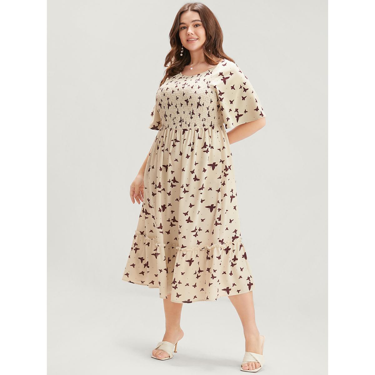 Plus Size Butterfly Print Shirred Raglan Sleeve Pocket Flutter Dress Apricot Women Elegant Gathered Round Neck Half Sleeve Curvy Midi Dress BloomChic 22-24/3X Product Image