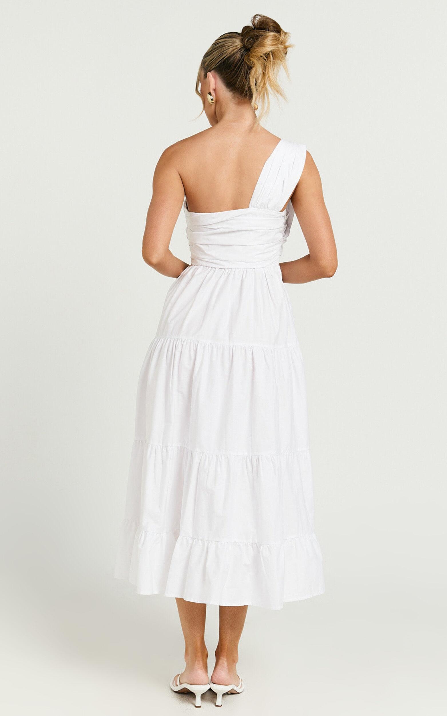 Stephanie Midi Dress - One Shoulder Tiered Midi Dress in White Product Image