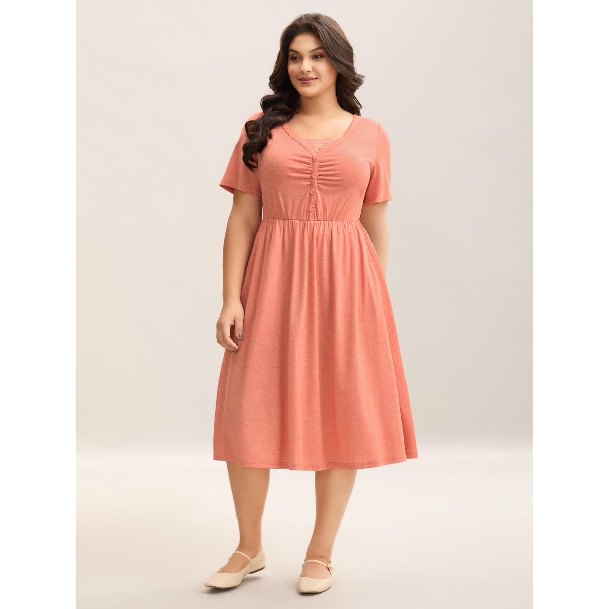 Plus Size Stretchy Knit Ruched Pockets Midi Dress Salmon Women Knit Dresses Bloomchic 22-24/3X Product Image