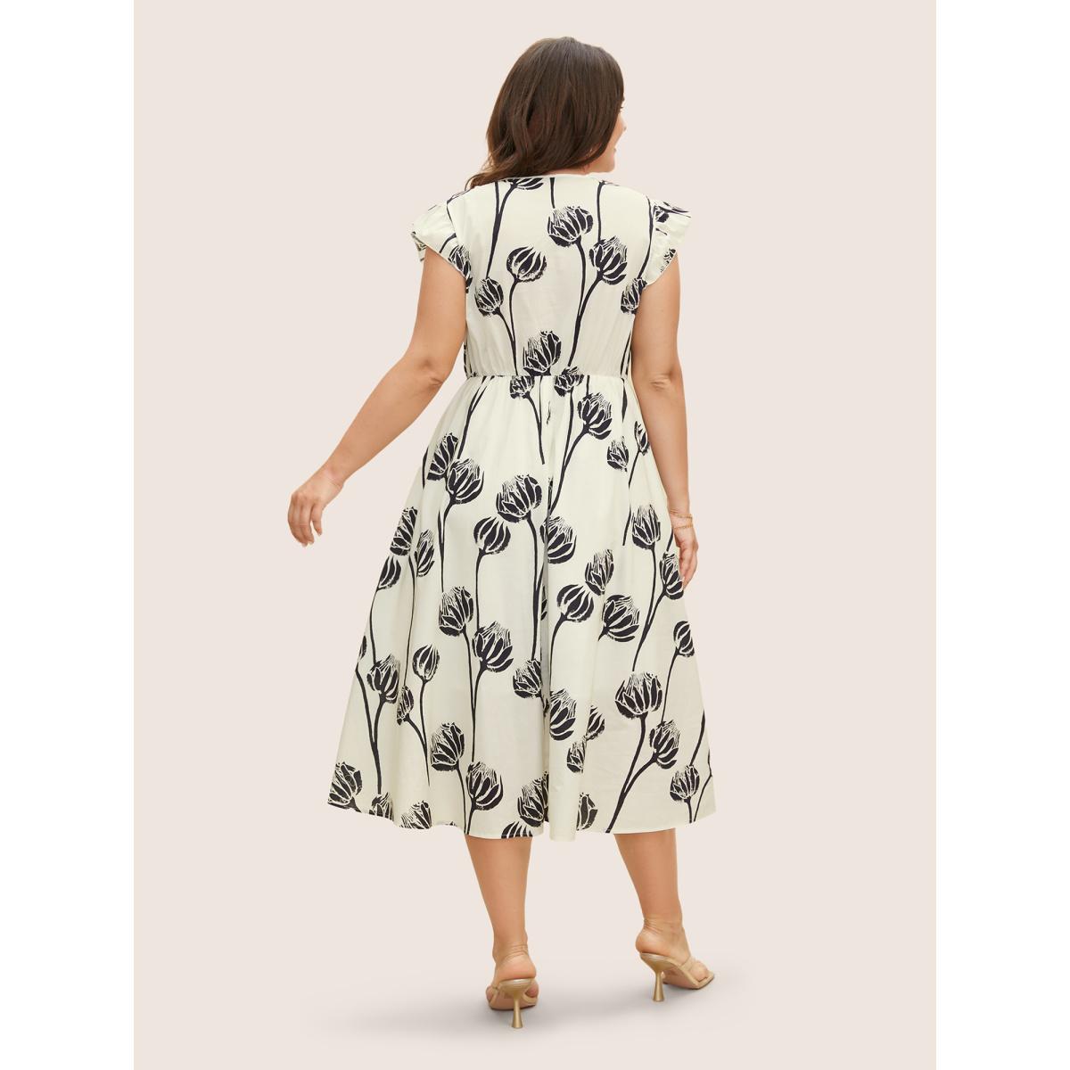 Plus Size V Neck Floral Print Ruffle Cap Sleeve Dress WhiteSmoke Women Elegant Ruffles V-neck Cap Sleeve Curvy BloomChic 10/M Product Image