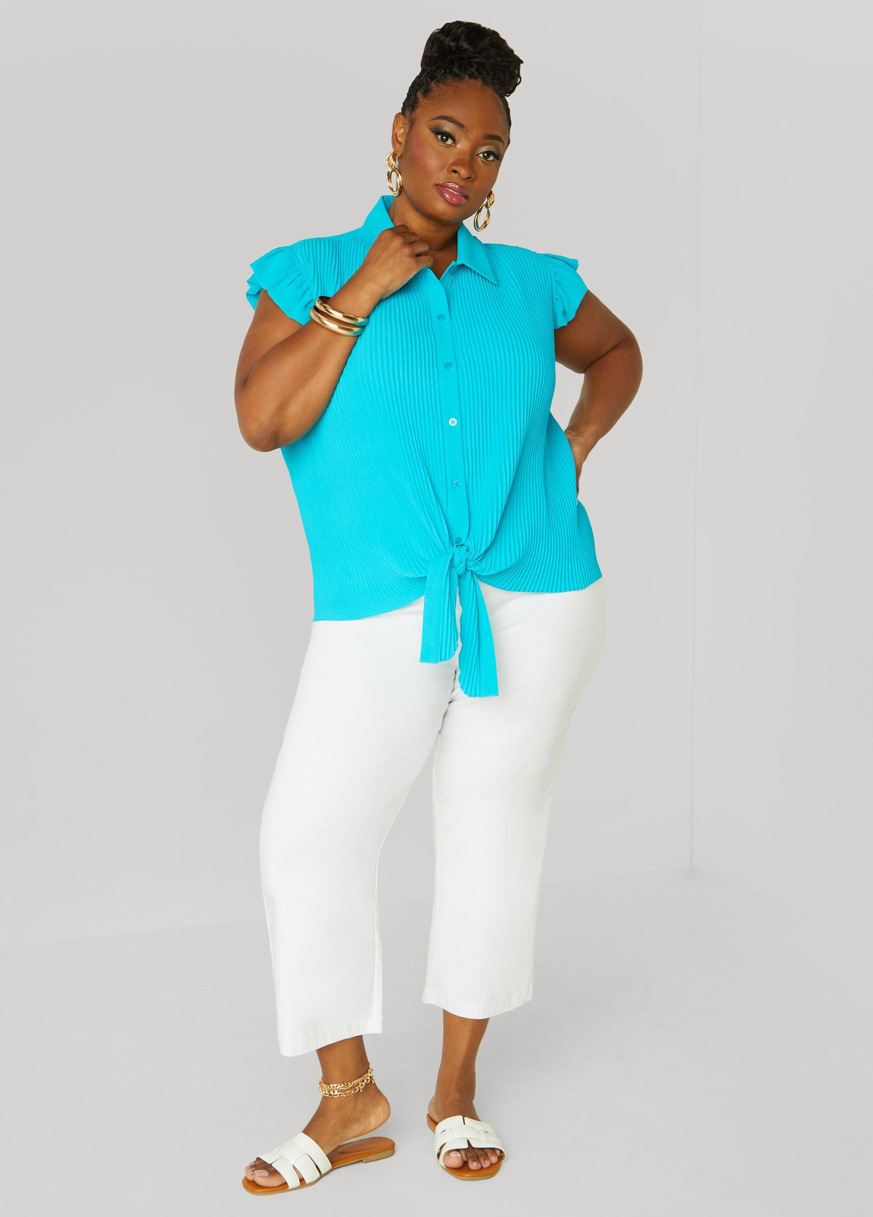 Plus Size Pleated Tie Front Shirt Ashley Stewart Product Image
