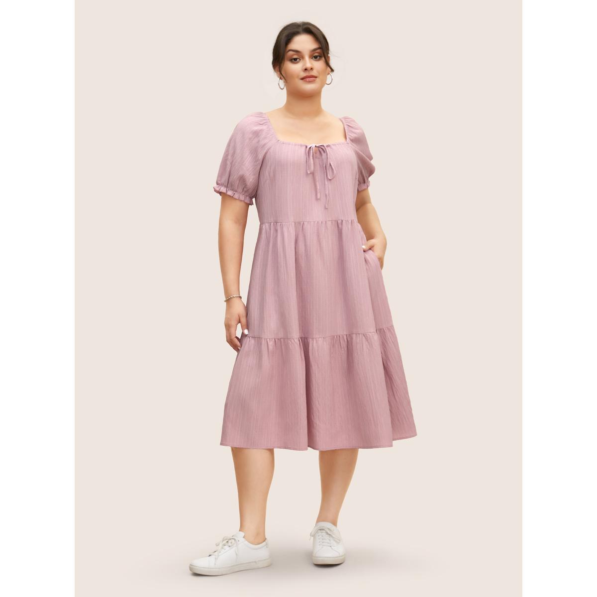 Plus Size Square Neck Textured Ruffle Layered Hem Dress Beanpastepowder Women Casual Tie knot Square Neck Short sleeve Curvy BloomChic 22-24/3X Product Image