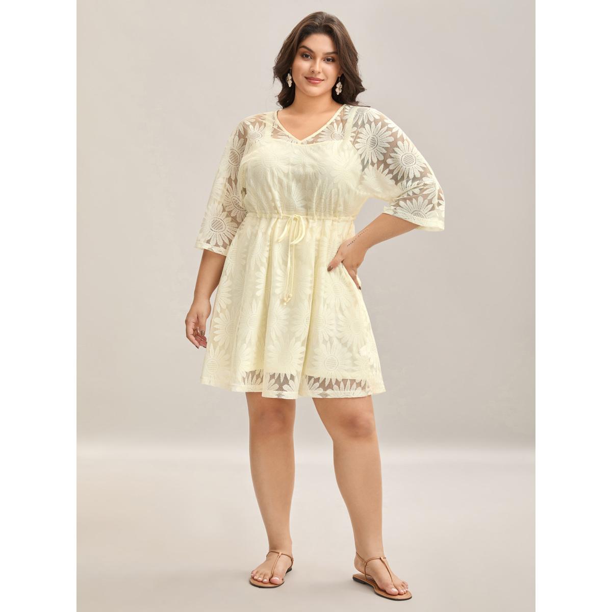 Plus Size Woven Tied Two-Piece Sheer Midi Dress Apricot Women Drawstring V-neck Half Sleeve Curvy BloomChic 18-20/2X Product Image
