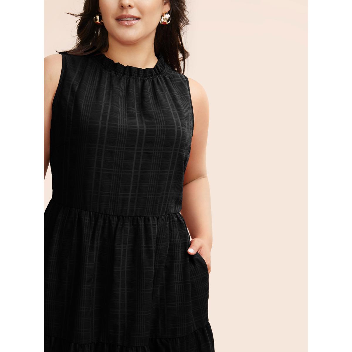 Plus Size Plaid Stand Collar Frill Trim Sleeveless Dress Black Women Elegant Texture Stand-up collar Sleeveless Curvy BloomChic 28/5X Product Image