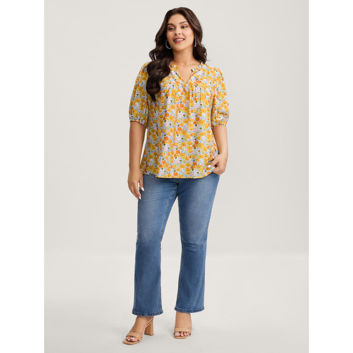 Plus Size LightBlue Rayon Ruffled Notched Collar Blouse Women Timeless Half Sleeve Notched collar Elegant Blouses BloomChic 10/M Product Image