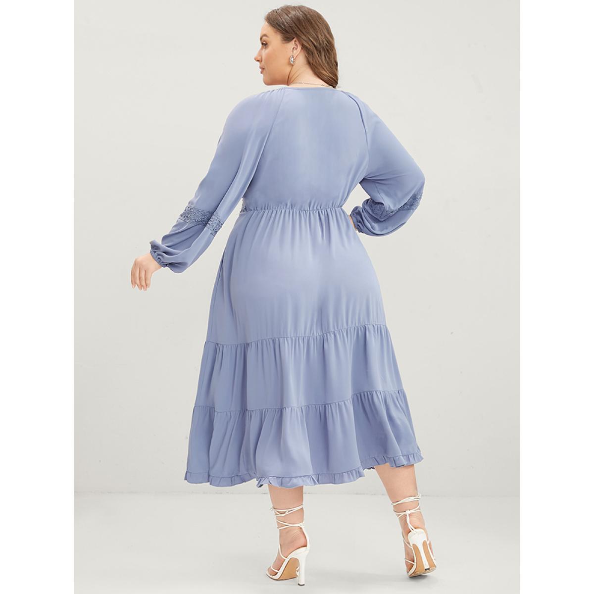 Plus Size Plain Wrap Pocket Lantern Sleeve Contrast Lace Ruffle Tiered Dress Stone Women Elegant Patchwork V-neck Long Sleeve Curvy Midi Dress BloomChic 14-16/1X Product Image