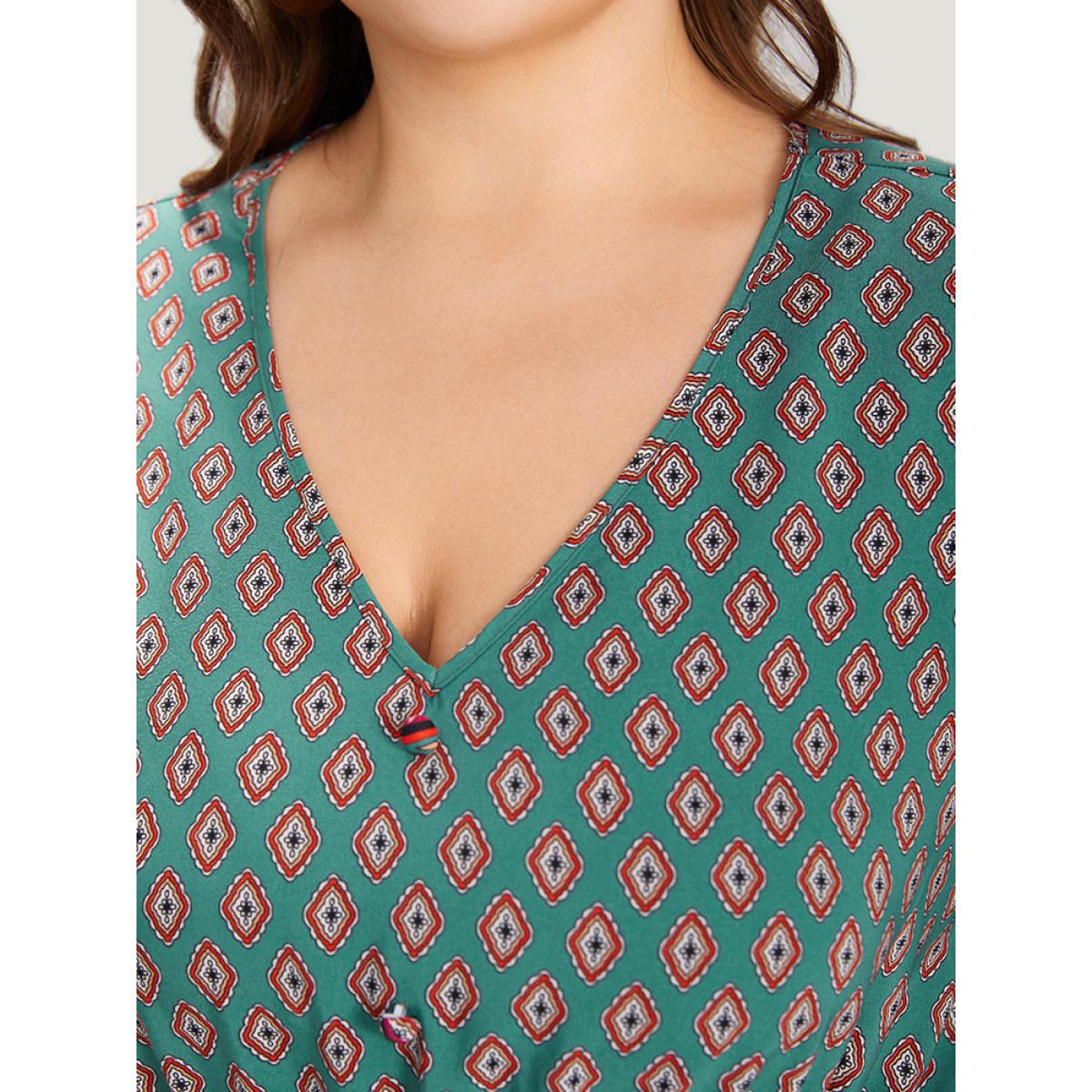 Plus Size Boho Print V Neck Pocket Lantern Sleeve Dress Teal Women Vacation Patchwork V-neck Half Sleeve Curvy Knee Dress BloomChic 30/6X Product Image