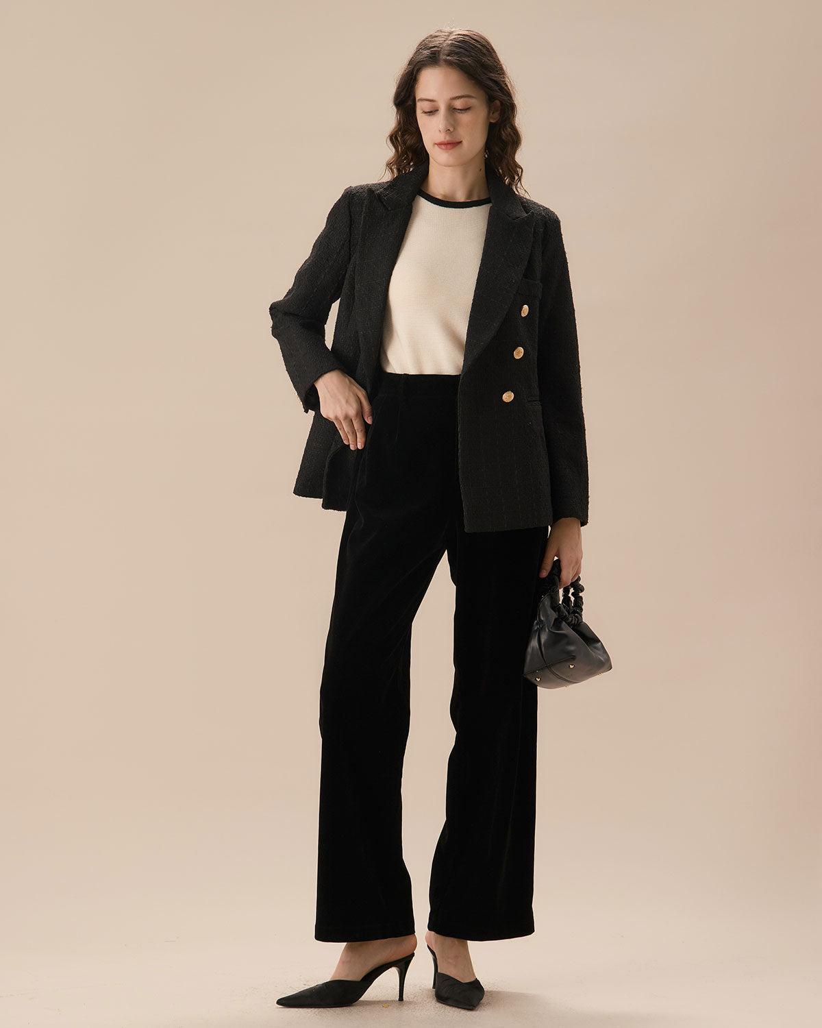 Black High Waisted Pleated Wide Leg Pants Female Product Image