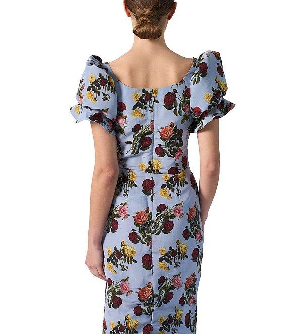 Damaris Bailey Rose Printed Square Neck Short Puff Sleeve Rose Midi Dress Product Image