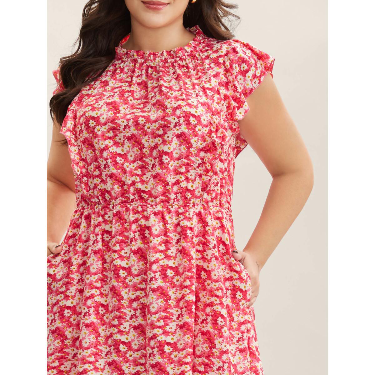 Plus Size Ruffled Neck Floral Print Tiered Midi Dress Peach Women Round Neck Cap Sleeve Curvy BloomChic 12/L Product Image