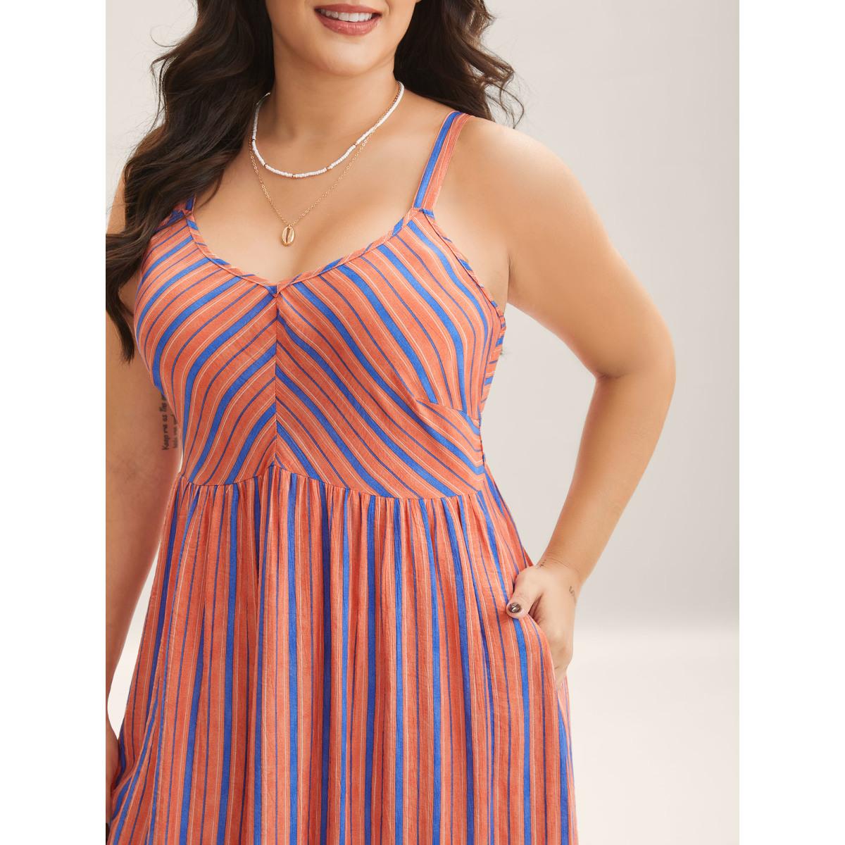 Plus Size Boho Stripes Cami Pockets Midi Dress Coral Women V-neck Sleeveless Curvy BloomChic 22-24/3X Product Image