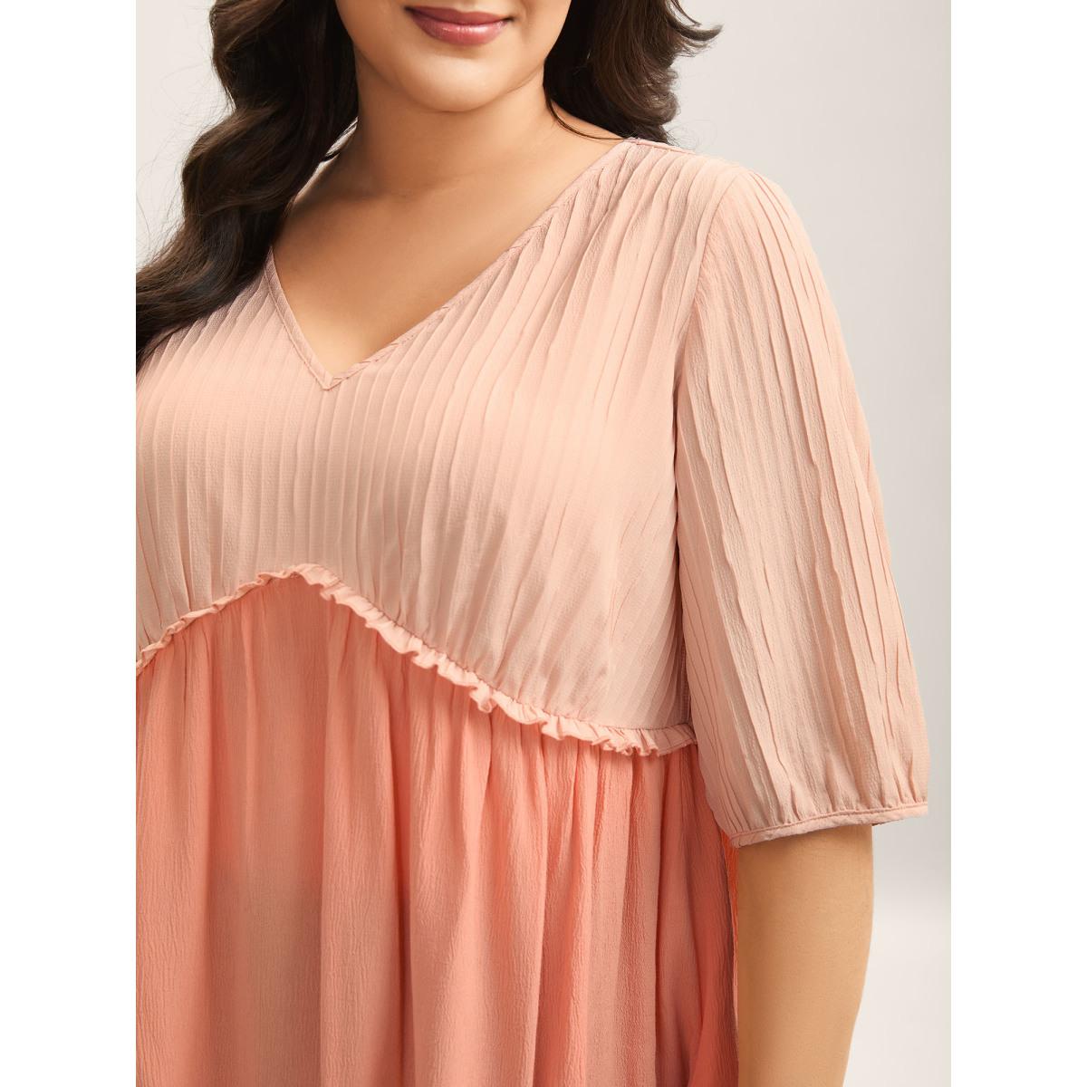 Plus Size Coral Pleated Layered Sheer Puff Sleeve Blouse Women Elbow-length sleeve V-neck Everyday-Casual Blouses BloomChic 26/4X Product Image