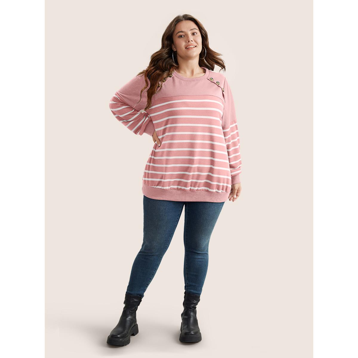 Plus Size Striped Patchwork Button Detail Sweatshirt Women Pink Casual Non Round Neck Everyday Sweatshirts BloomChic 10/M Product Image