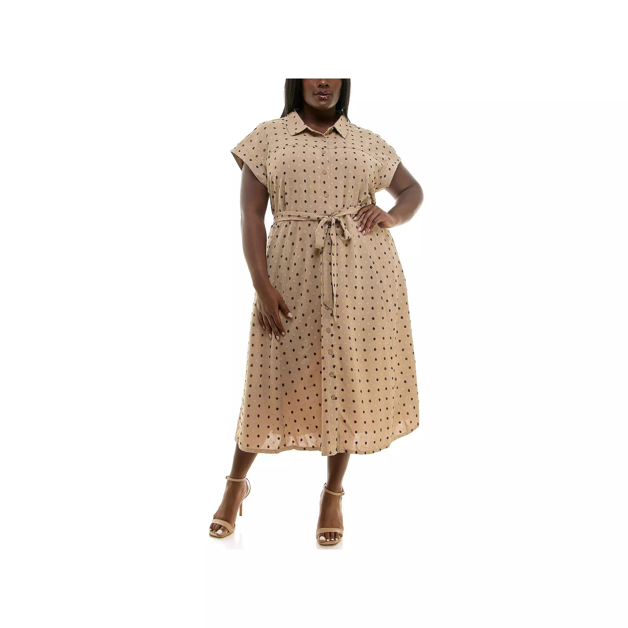 Plus Size Nina Leonard Swiss Dot Print Collared Short Sleeve Midi Shirt Dress, Women's, Size: 1XL, Camel Team Product Image