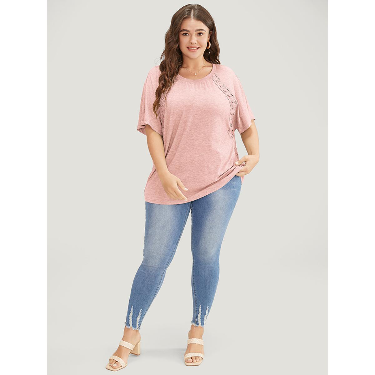 Plus Size Solid Contrast Lace Ruffle Sleeve T-shirt Crepe Women Elegant Lace Plain Round Neck Everyday T-shirts BloomChic 28/5X Product Image