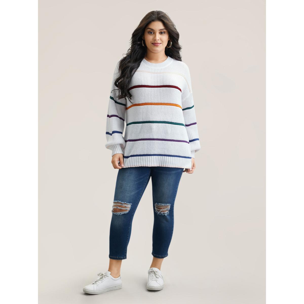 Plus Size Multi-Color Textured Balloon Sleeve Pullover Ivory Women Casual Loose Long Sleeve Round Neck Everyday Pullovers BloomChic 30/6X Product Image