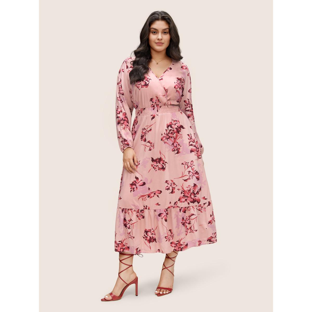 Plus Size Floral Print Surplice Neck Ruffle Layered Hem Dress Pink Women Elegant Non Overlap Collar Long Sleeve Curvy Midi Dress BloomChic 18-20/2X Product Image