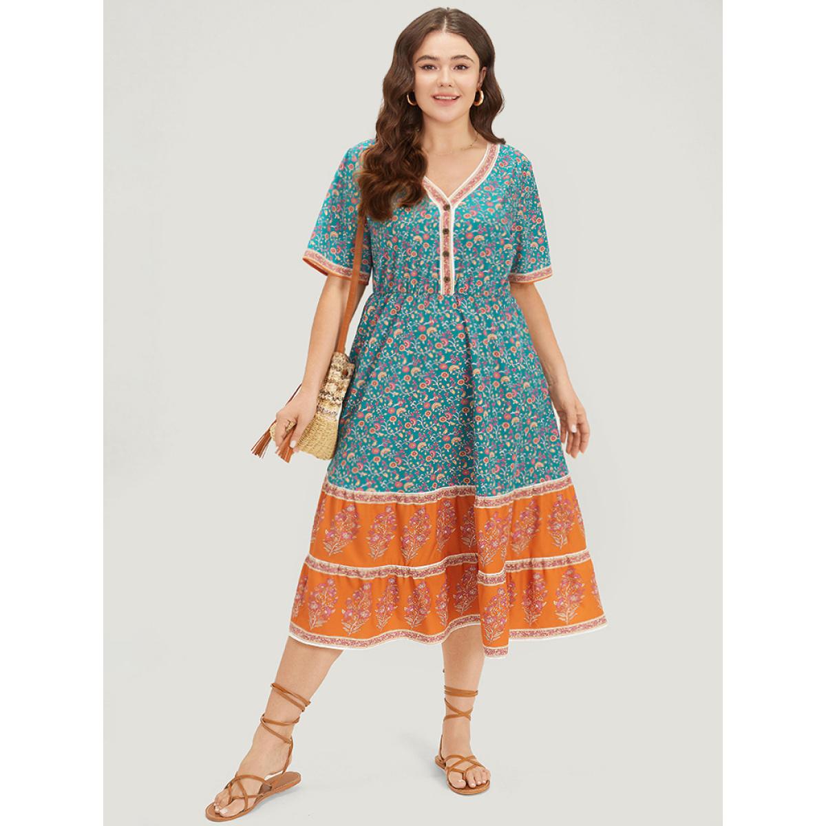 Plus Size Floral Print Button Detail Elastic Waist Patchwork Dress Emerald Women Vacation Gathered V-neck Short sleeve Curvy Midi Dress BloomChic 28/5X Product Image