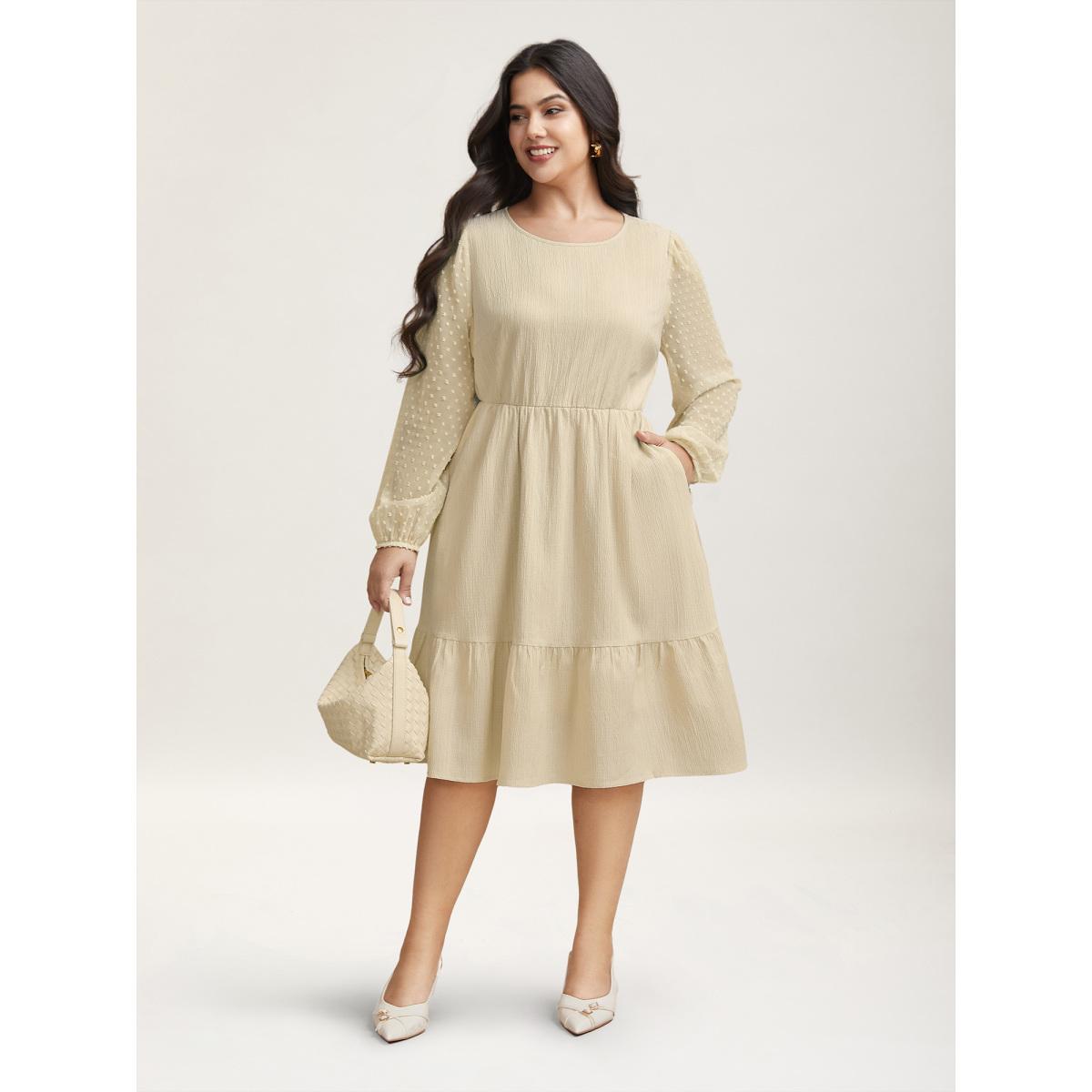 Plus Size Textured Stretchy-Waist Tiered Midi Dress Beige Women Elegant Texture Round Neck Long Sleeve Curvy BloomChic 18-20/2X Product Image