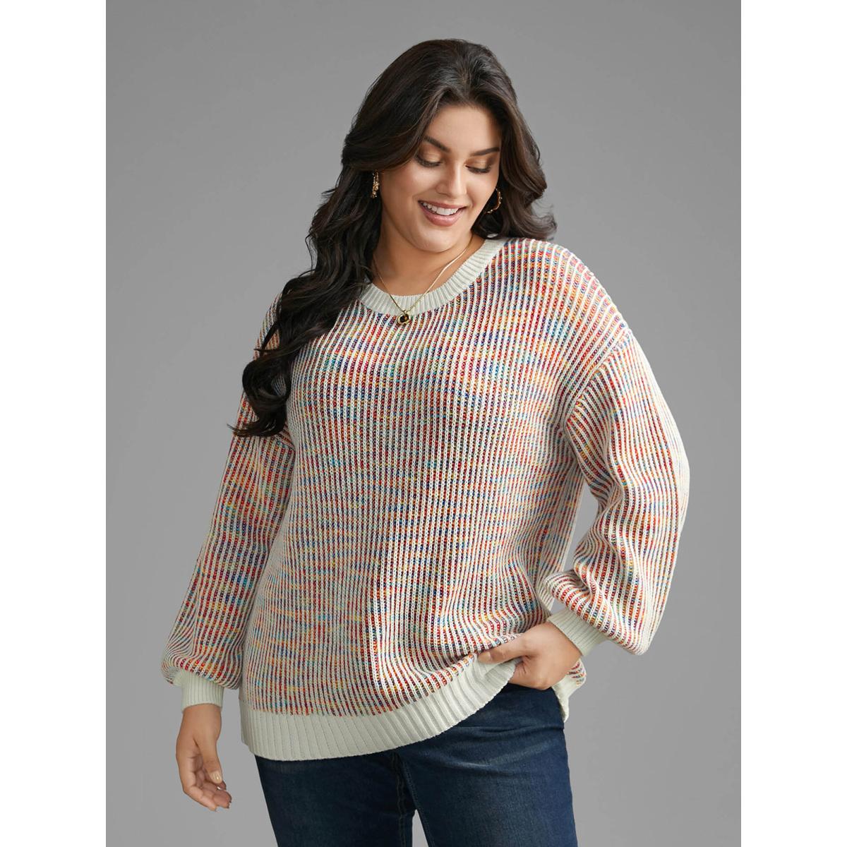 Plus Size Round Neck Texture Contrast Heather Pullover Beige Women Casual Loose Long Sleeve Round Neck Everyday Pullovers BloomChic 28/5X Product Image