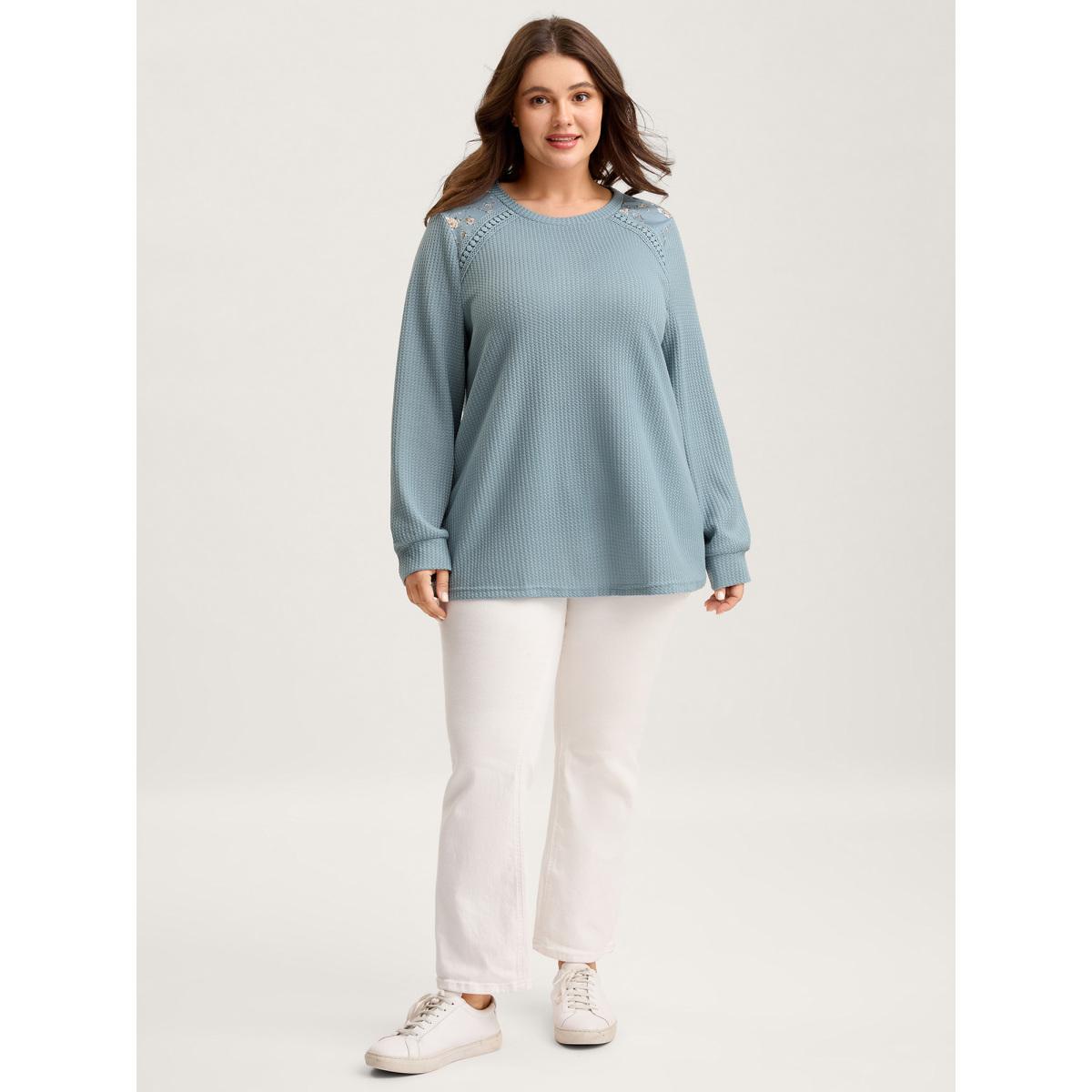 Plus Size Waffle Spliced Floral Lace Sweatshirt Women Stone Leisure Round Neck Casual Sweatshirts BloomChic 18-20/2X Product Image