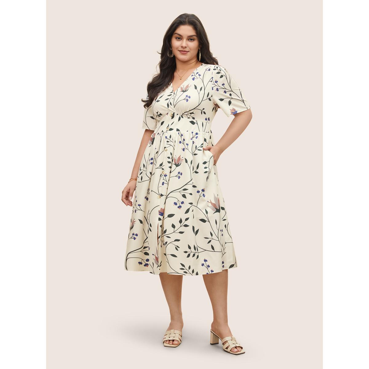 Plus Size Plants Print Elastic Waist Gathered Wrap Dress WhiteSmoke Women Elegant Non Overlap Collar Short sleeve Curvy Midi Dress BloomChic 18-20/2X Product Image