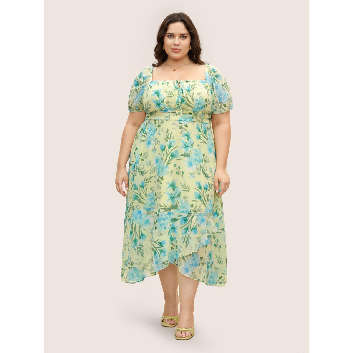 Plus Size Watercolor Floral Drawstring Wrap Hem Dress YellowGreen Women Elegant Drawstring Square Neck Short sleeve Curvy BloomChic 18-20/2X Product Image