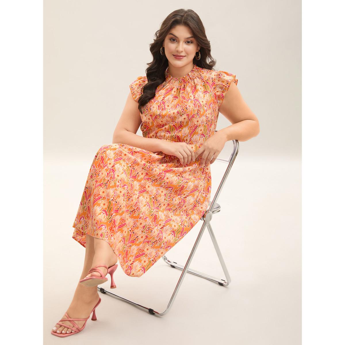 Plus Size Floral Print Shirred Pockets Midi Dress Coral Women Romantic Frill Trim Mock Neck Cap Sleeve Curvy BloomChic 18-20/2X Product Image