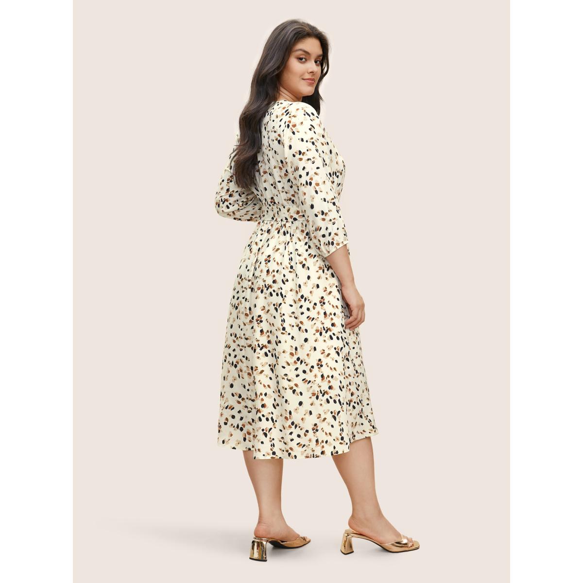 Plus Size Allover Print Notched Belted Button Detail Dress Apricot Women At the Office Non Notched collar Elbow-length sleeve Curvy Midi Dress BloomChic 18-20/2X Product Image