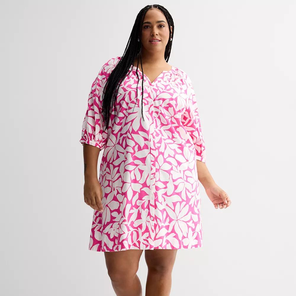 Plus Size Sonoma Goods For Life® Button Front Elbow Sleeve Shift Dress, Women's, Size: 1XL, Pink Painted Floral Product Image