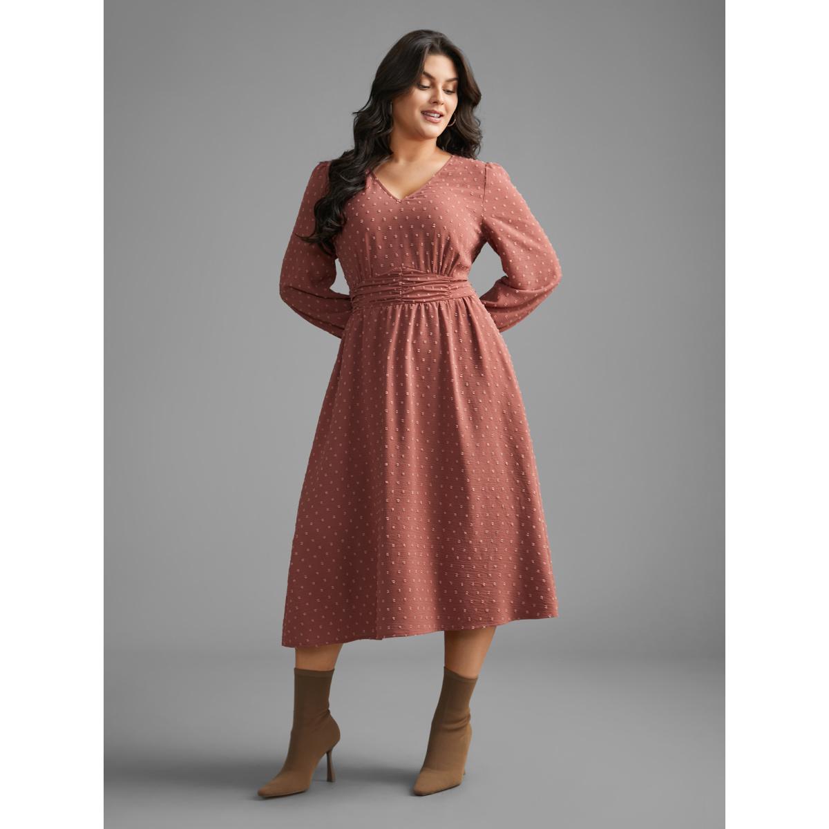 Plus Size Solid Texture Ruffles Shirred Gathered Dress DustyPink Women Elegant Texture V-neck Long Sleeve Curvy BloomChic 10/M Product Image
