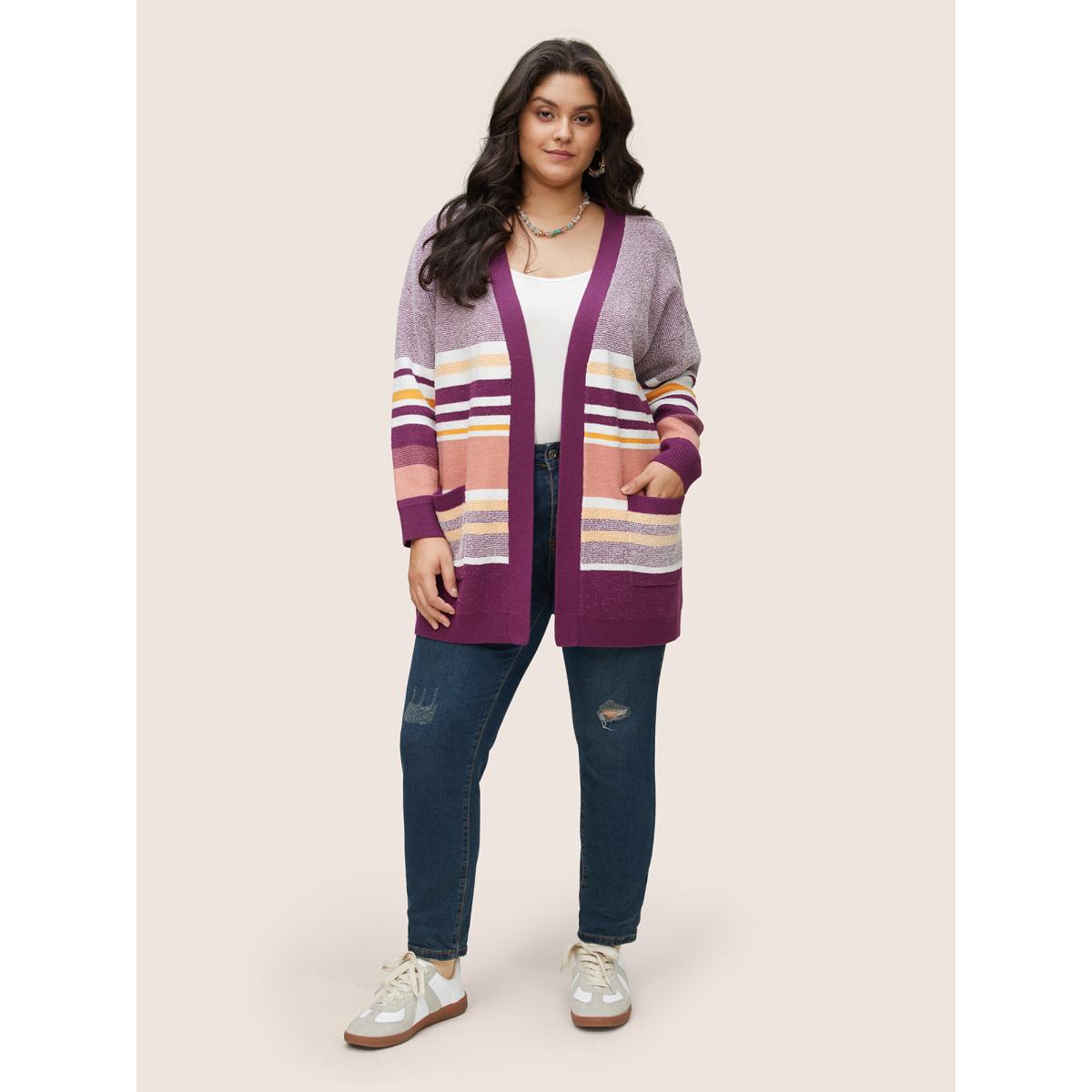 Plus Size Supersoft Essentials Striped Contrast Open Front Cardigan Purple Women Casual Loose Long Sleeve Dailywear Cardigans BloomChic 14-16/1X Product Image