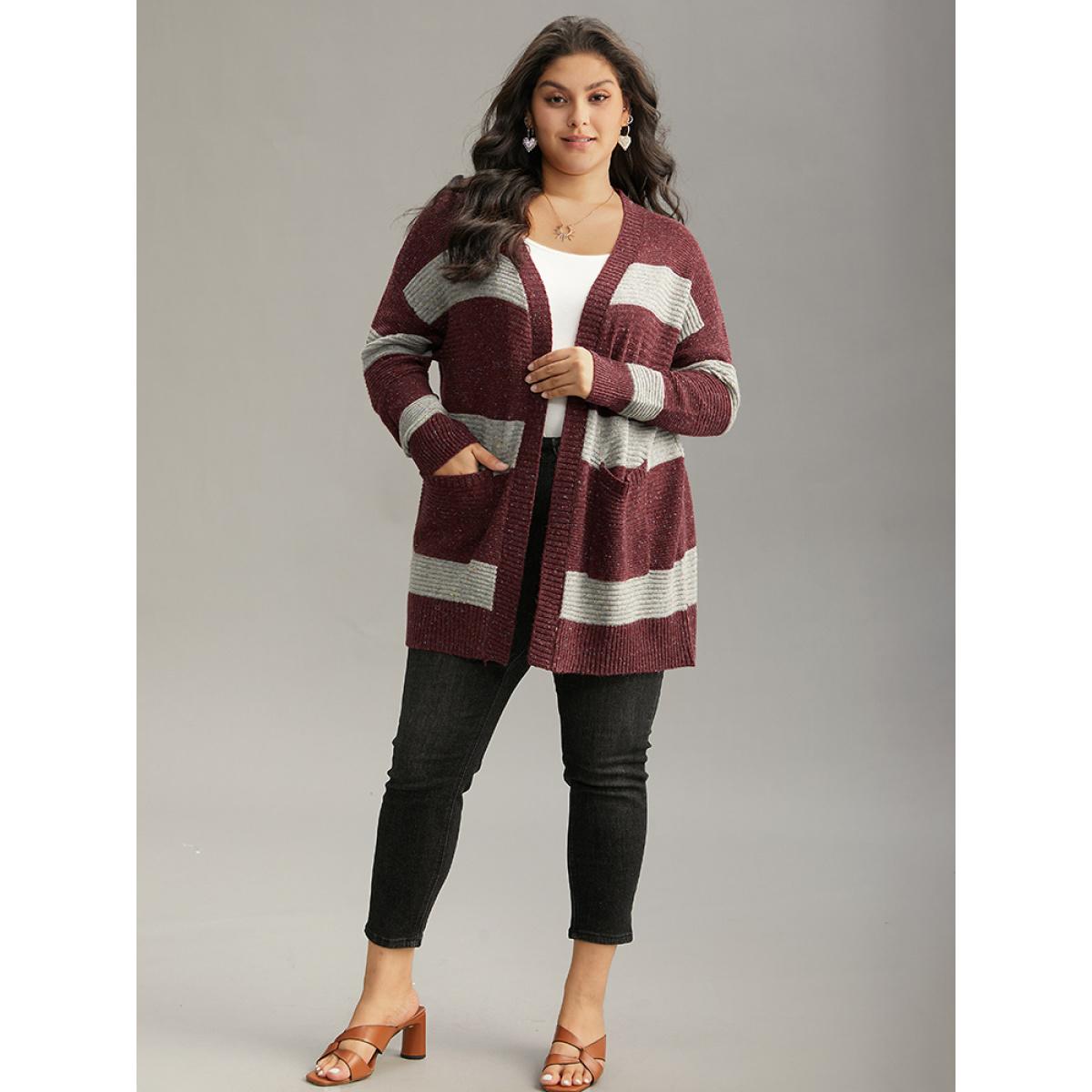 Plus Size Colorblock Patched Pocket Open Front Cardigan Burgundy Women Casual Loose Long Sleeve Dailywear Cardigans BloomChic 14-16/1X Product Image