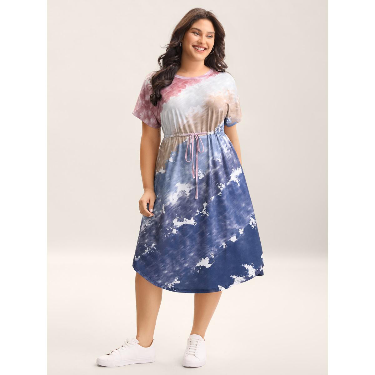 Plus Size Colorful Stripes Waist-Tie Midi Dress Multicolor Women Round Neck Short sleeve Curvy BloomChic 18-20/2X Product Image