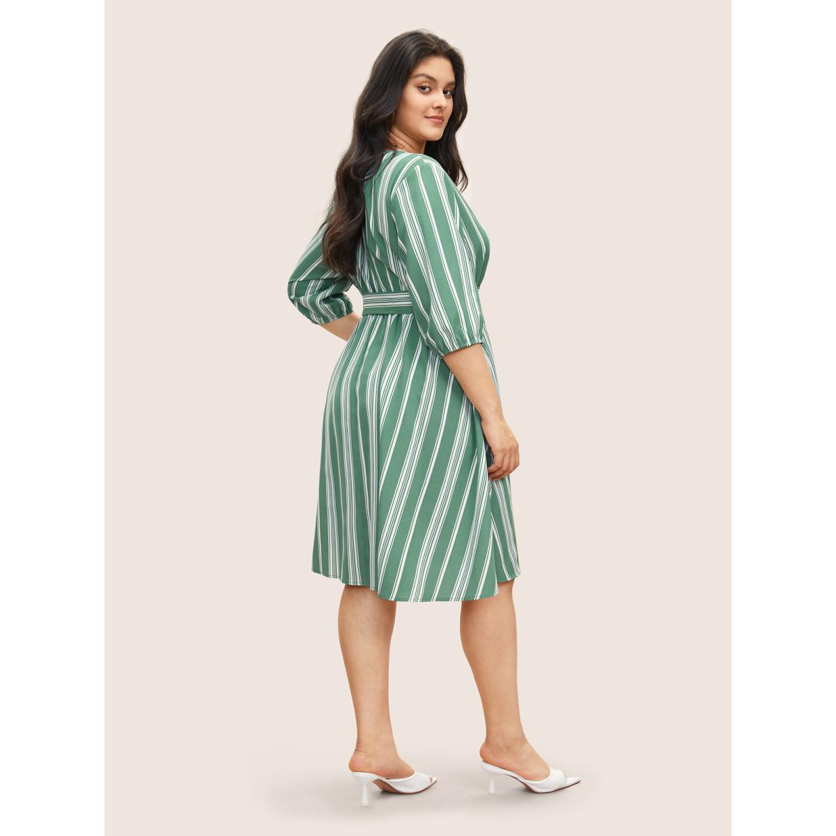 Plus Size Striped Elastic Waist Belted Wrap Dress Mint Women At the Office Non Overlap Collar Elbow-length sleeve Curvy Midi Dress BloomChic 14-16/1X Product Image