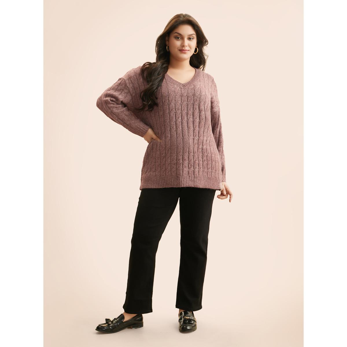 Plus Size Heather Texture Cable Knit Pullover Plum Women Casual Long Sleeve V-neck Everyday Pullovers BloomChic 28/5X Product Image