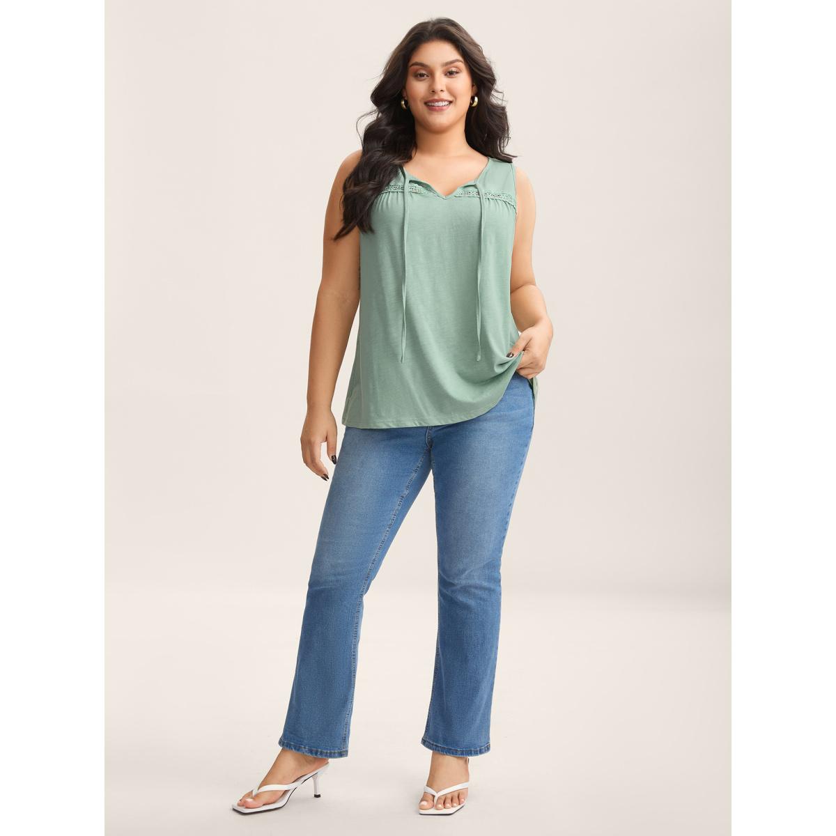 Plus Size Bamboo Cotton Stretchy Pleated Tank Top Women Greenbean Timeless Woven ribbon&lace trim Flat collar with V-notch Elegant Tank Tops Camis BloomChic 14-16/1X Product Image