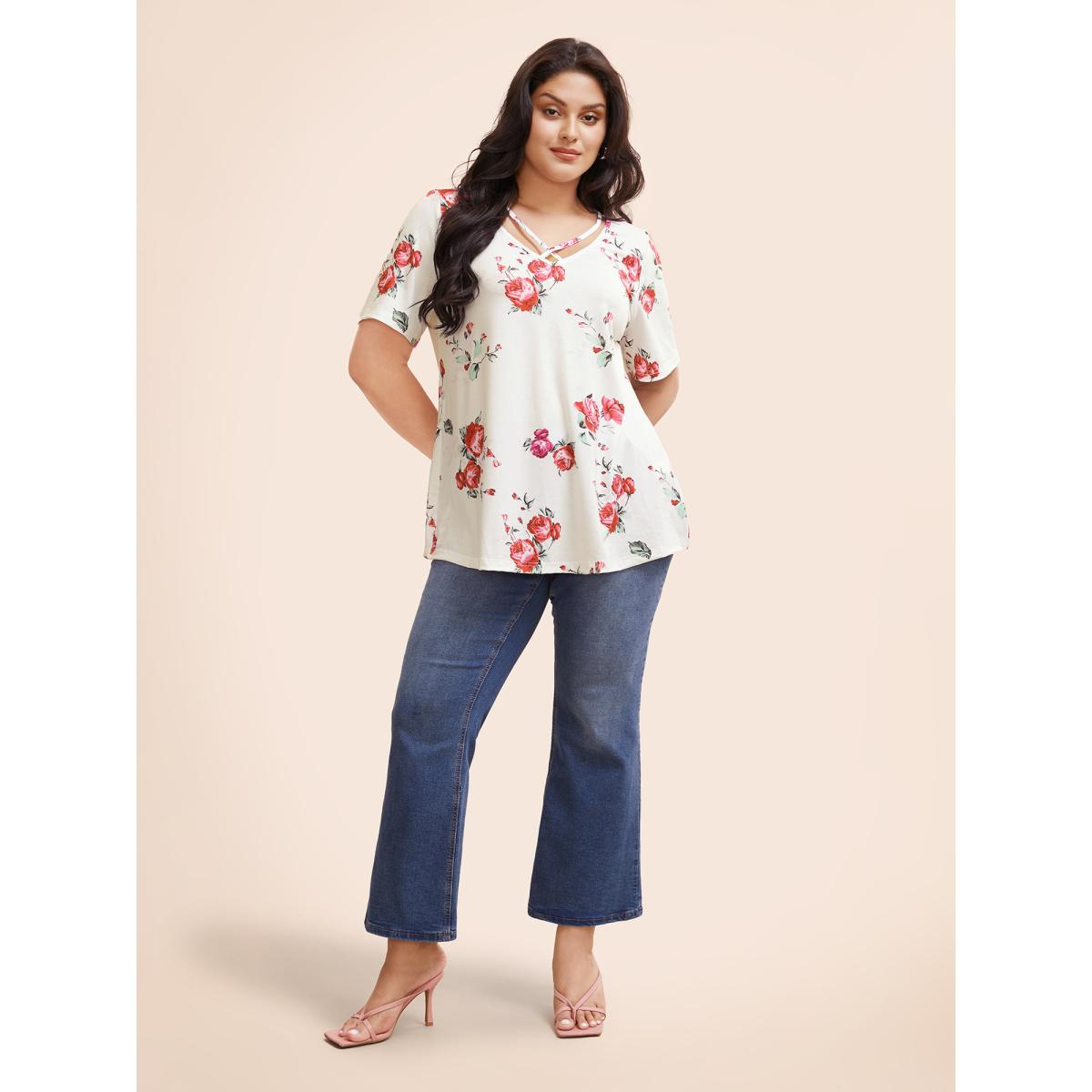 Plus Size Floral Crisscross V Neck T-shirt White Women Elegant Floral V-neck Everyday T-shirts BloomChic 12/L Product Image